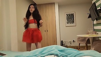 Stunning Brunette In Red Skirt And Without Panties Desires Christmas Present Of Intense Sex